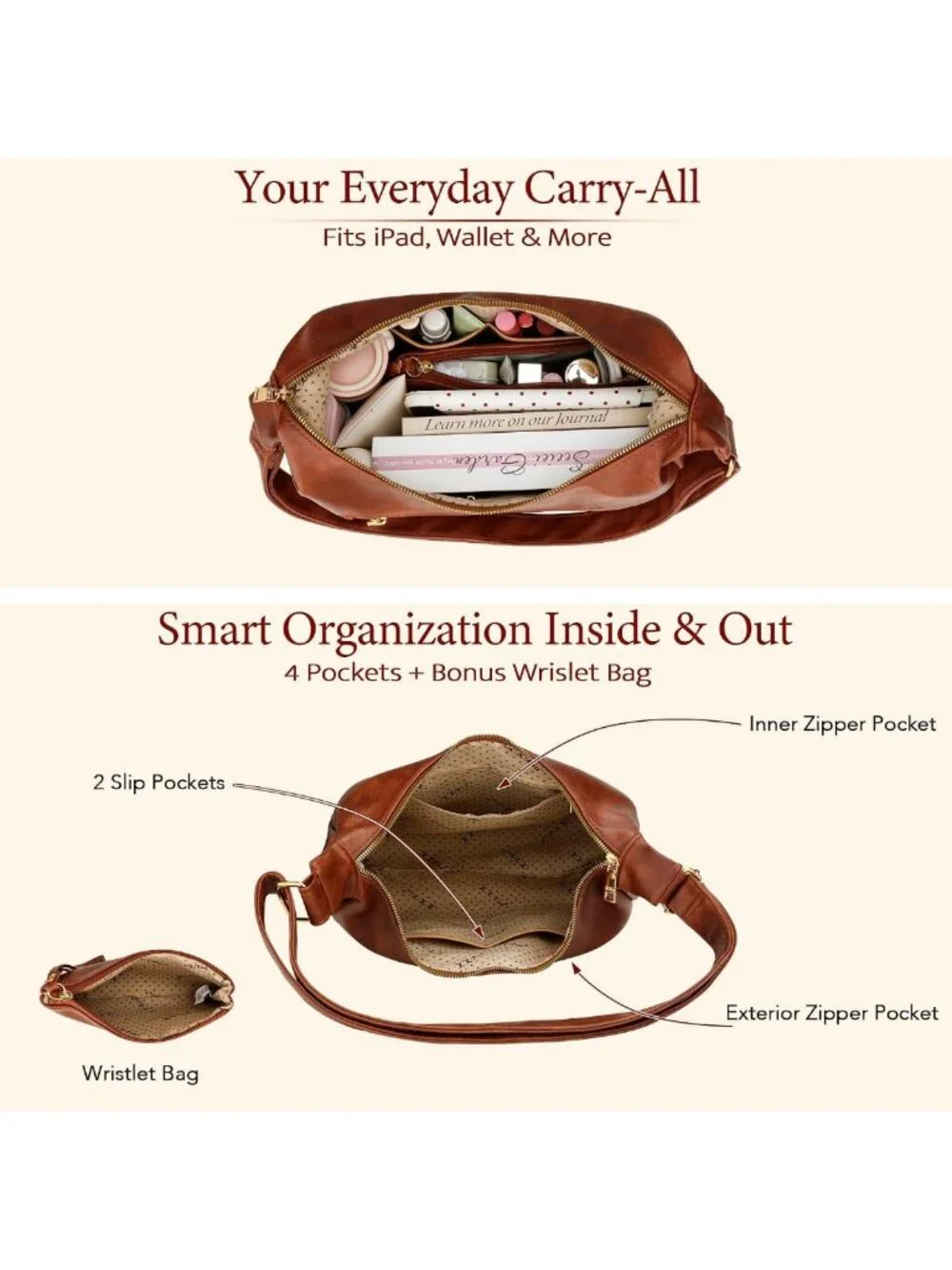 Soft Vegan Leather Slouchy Hobo Bag | Roomy Shoulder Purse with Pockets